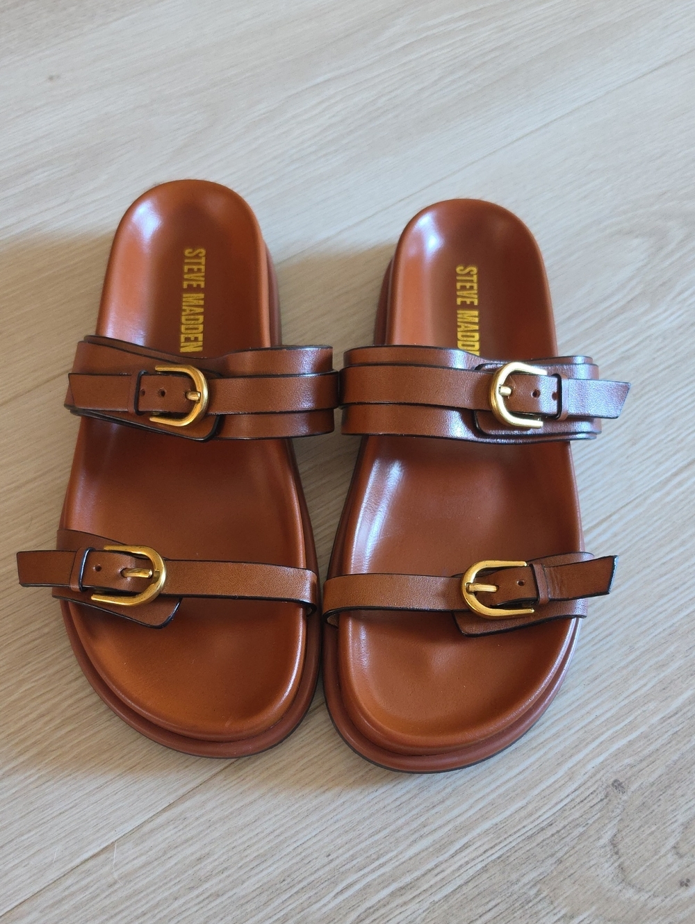 Steve Madden Tan Brown Double-Buckle Slide Sandals with Gold Buckles